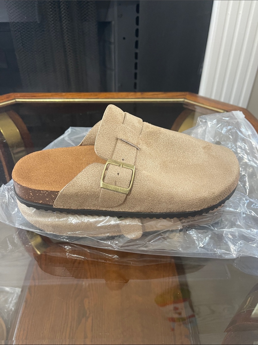 Beige Suede Buckle Clog Mule
